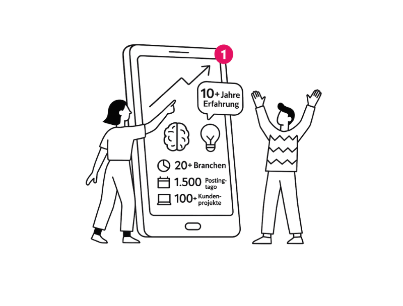 Social Media Icon von zwei Personen und einem großen Handy