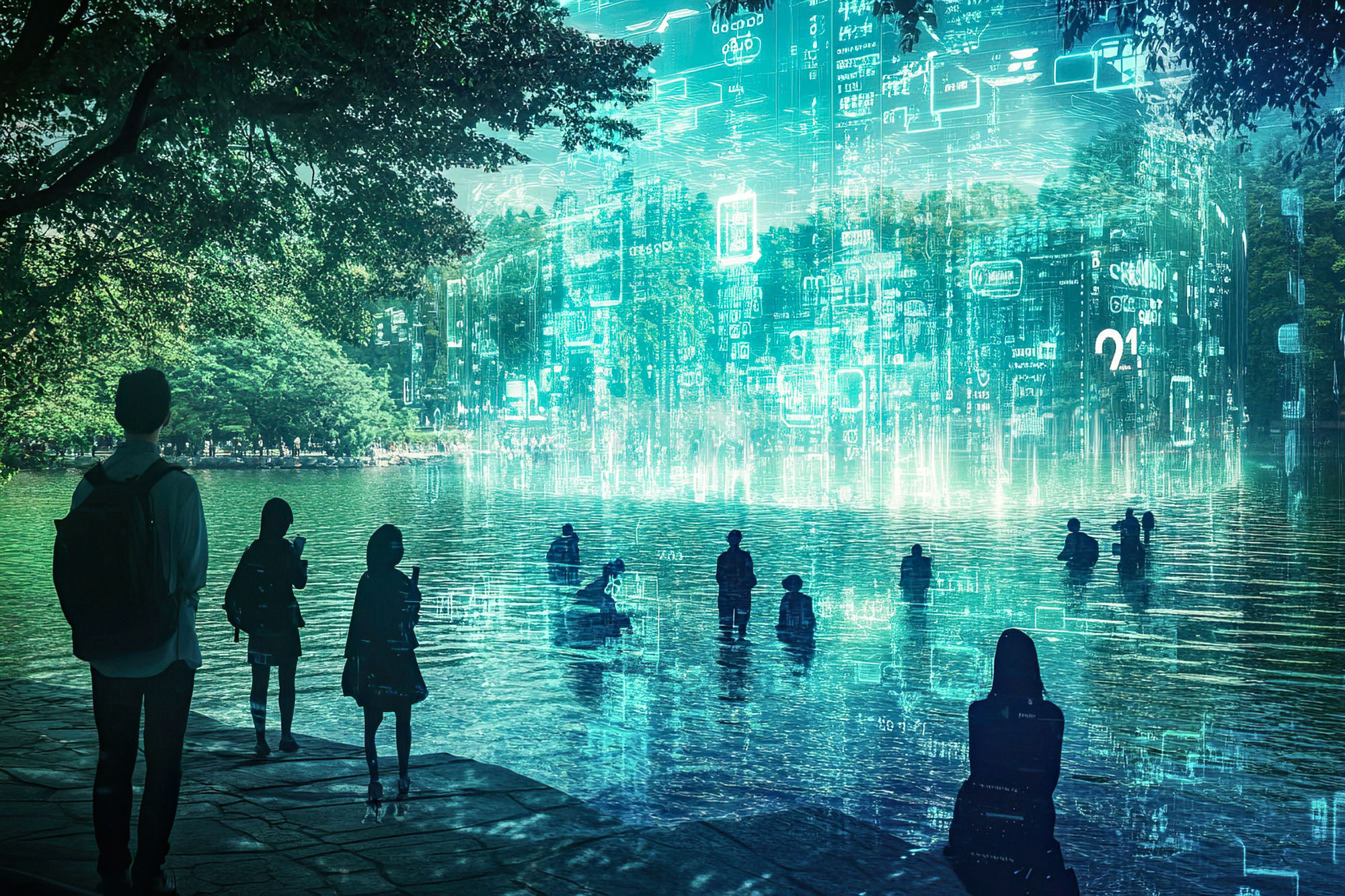 futuristisches KI generiertes Bild von Menschen im Wasser