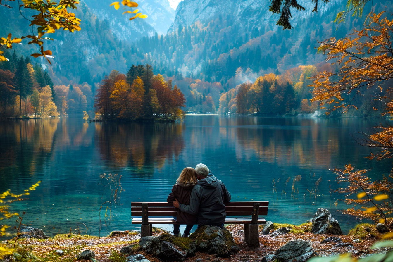 KI generiertes Bild von zwei Personen auf einer Bank sitzend an einem See