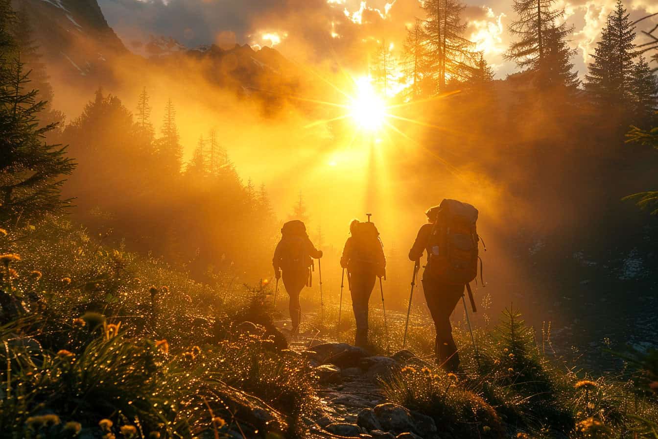 KI Agentur Bild von drei Personen die durch den Wald gehen der Sonne entgegen